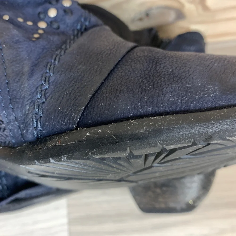 Miz Mooz Ankle Boots Womens‎ 41 Navy Blue Leather Studded Buckle Moto Booties